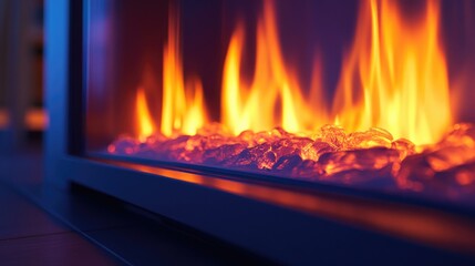 A close-up of the flickering flames inside a wall-mounted electric fireplace, casting soft light across the room.