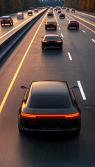 Dynamic view of cars on a modern highway with clear lanes and a colorful sunset in the background.