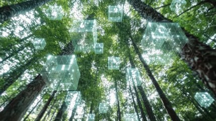 Glowing digital cubes float among trees in a forest canopy, representing the integration of nature with advanced technology and data systems.