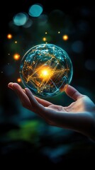Fototapeta premium Close-up of a hand reaching for a floating, glowing orb, mystical and serene
