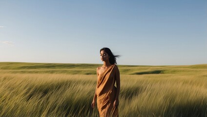 A solitary woman stands, diminutive in comparison, her figure a mere speck against the vastness of nature, her slender silhouette accentuated by the bright, cloudless blue sky above
