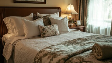 A comfortable guest room with fresh bedding, decorative pillows, and a welcoming atmosphere.