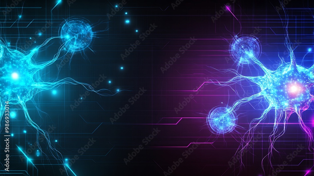 Poster abstract illustration of glowing neurons with digital circuitry background.
