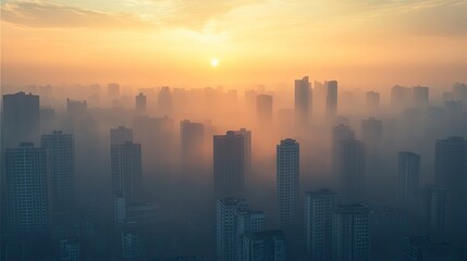 Fototapeta premium A city skyline with buildings partially obscured by a thick layer of smog and the sky appearing dull and grey. The image captures the impact of PM2.5 pollution on urban visibility.