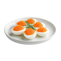 Gourmet deviled eggs with red caviar and dill on white plate