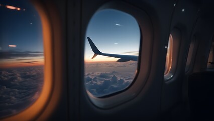 Naklejka premium Gateway to Adventure: Dusk View of a Sparkling Cityscape from an Airplane Window, Welcoming Travelers with Glowing Horizons