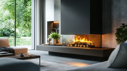 A contemporary fireplace insert with glowing logs and crackling flame effects in an elegant living room.