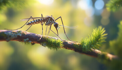 Aedes aegypti perched on the branch of an old tree