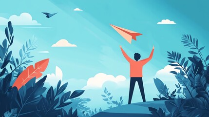 Fototapeta premium A person launches a paper airplane into a bright, blue sky, surrounded by vibrant foliage and a peaceful landscape.