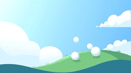 Fototapeta premium A serene landscape featuring rolling hills, green grass, and fluffy clouds under a clear blue sky, perfect for relaxation.