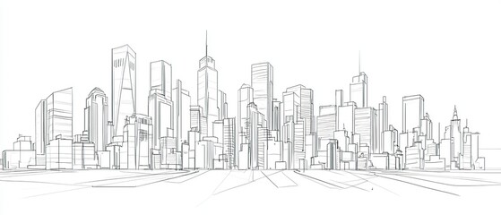 Hand-drawn line art illustration of a modern city skyline.