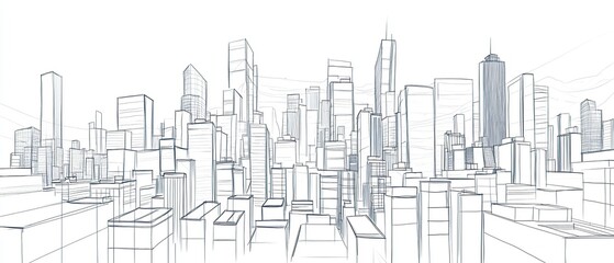 Sketch of a city skyline, with buildings drawn in lines.