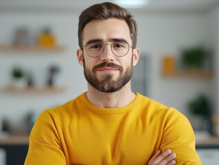 Obraz premium Confident man in glasses and yellow sweater smiles warmly in a cozy indoor setting, conveying approachability and style.
