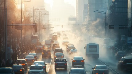 A busy urban street with vehicles and pedestrians navigating through a thick haze. The air quality...