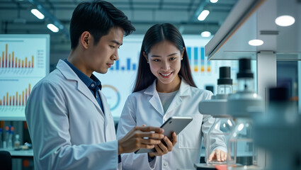 Two Asian scientists collaborate in a high-tech lab, reviewing data on a tablet while surrounded by advanced equipment. For educational content, research articles, and promoting scientific teamwork