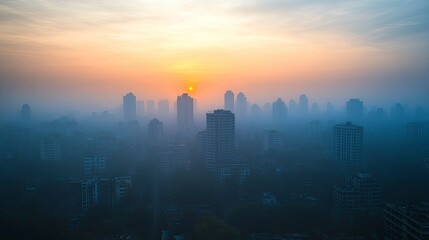 Obraz premium A cityscape with tall buildings partially obscured by a dense layer of smog and the sky appearing dull and grey. The image captures the pervasive nature of PM2.5 pollution.