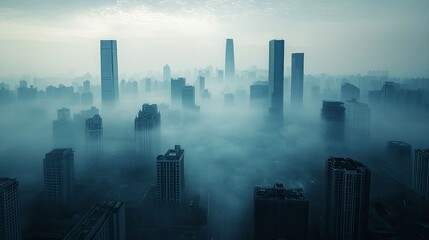 Fototapeta premium A cityscape with tall buildings partially obscured by a dense layer of smog and the sky appearing dull and grey. The image captures the pervasive nature of PM2.5 pollution.