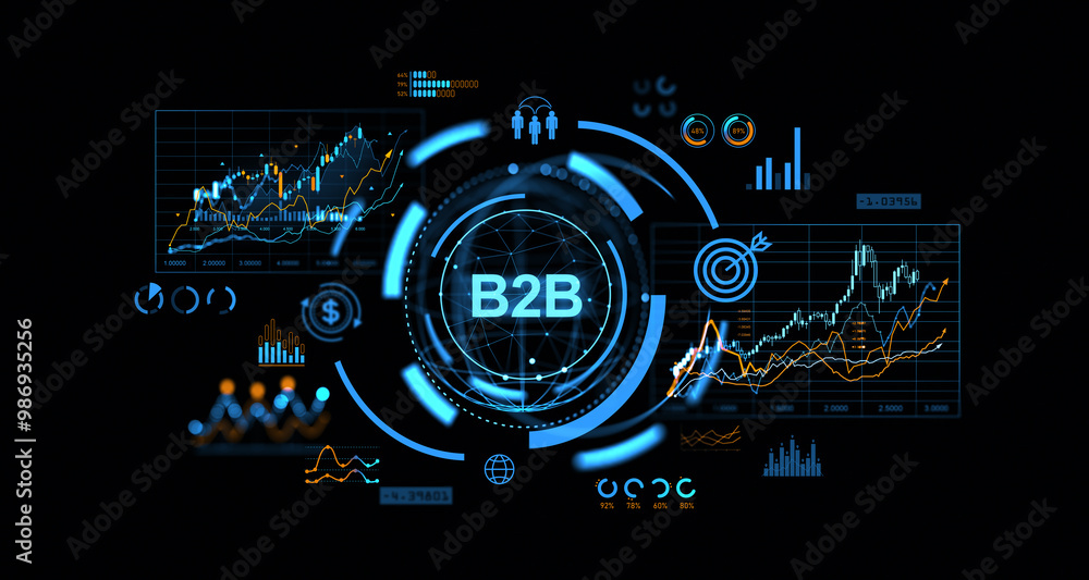 Poster b2b technology interface with data visualizations and icons. 3d rendering