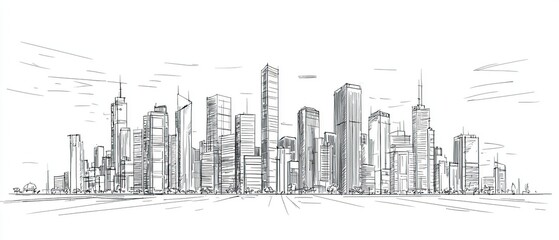 Naklejka premium Hand-drawn sketch of a city skyline with tall buildings.