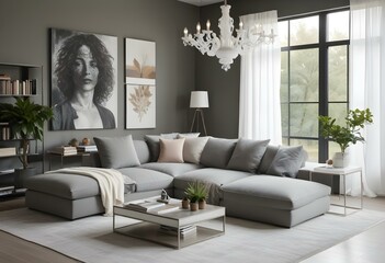 Fototapeta premium A modern and minimalist living room with a large gray sectional sofa, a white coffee table with books, and a large white chandelier hanging from the ceiling.