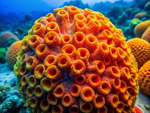 A close-up view of Cliona patera sponge reveals its vivid colors and complex textures, capturing the enchanting beauty