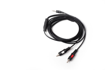 RCA 3.5 jack cord long black color, shot on a white background.