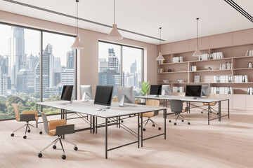 Modern open space office with large windows and city view. 3D Rendering