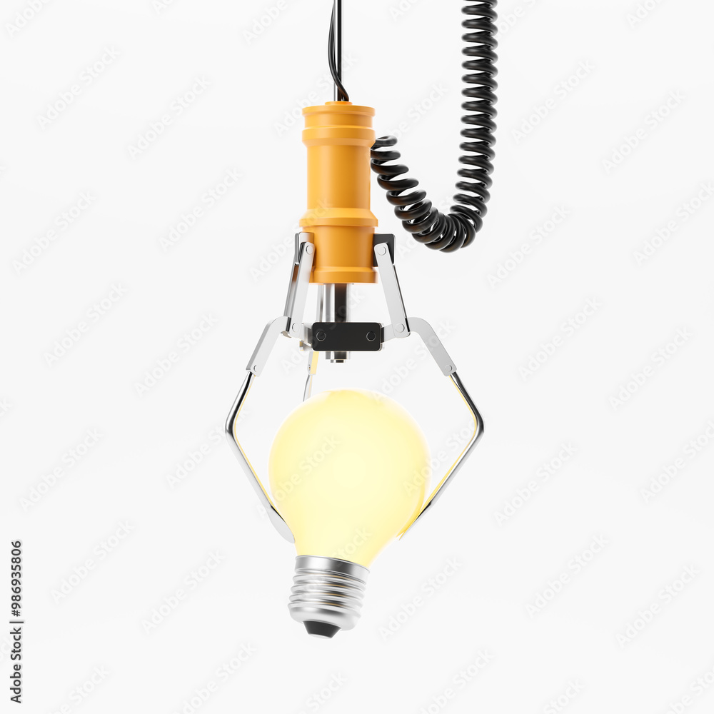 Poster lightbulb held by a mechanical claw on a white background. 3d rendering