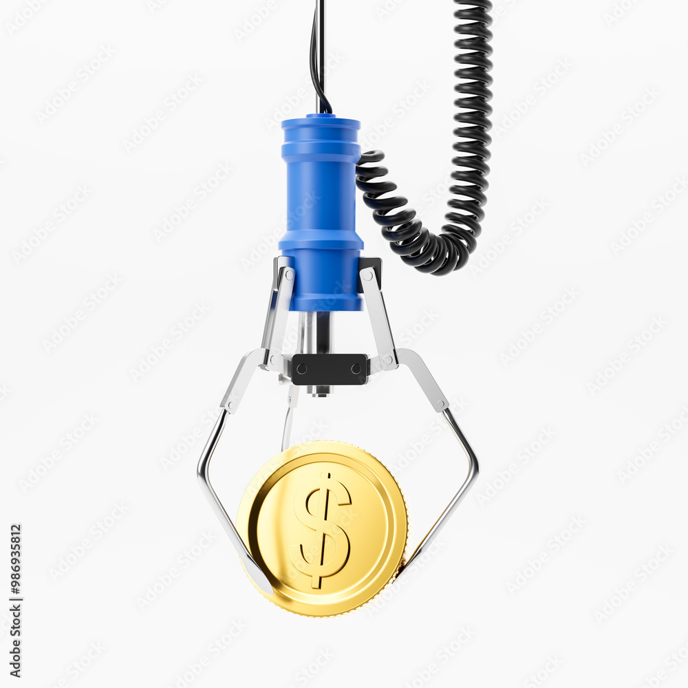 Poster robotic arm with a dollar coin on empty white background