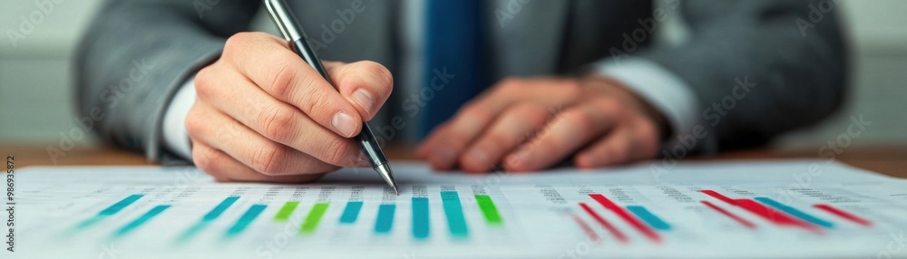 Aufkleber a business professional analyzes colorful charts and graphs while taking notes with a pen, showcasin