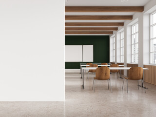 Modern classroom interior with wooden chairs and tables, large windows, and an empty white wall on the left for mockup. Bright, natural light setting. 3D Rendering