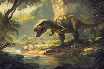 Serene T-Rex Dines in a Lush Jurassic Jungle: A Tranquil Moment with Rivers and Avian Life