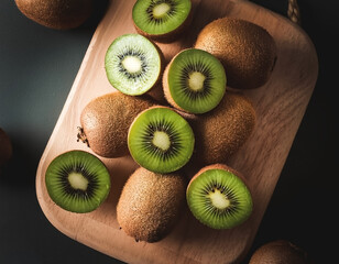 kiwi fruit in wooden cutting board. Tropical concept background