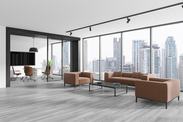 Office room interior with chill and meeting room near panoramic window