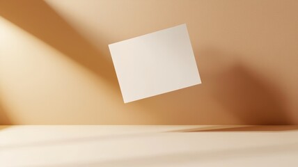 Minimalist floating blank card on a beige surface with soft shadows.