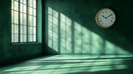 A serene interior space with natural light casting shadows through a window, featuring a vintage clock on a textured green wall.