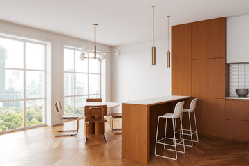 Home kitchen interior with bar counter and cabinet, table near panoramic window