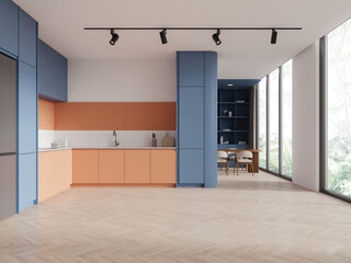 Modern Kitchen Interior Design with Blue and Orange Cabinets. 3D Rendering