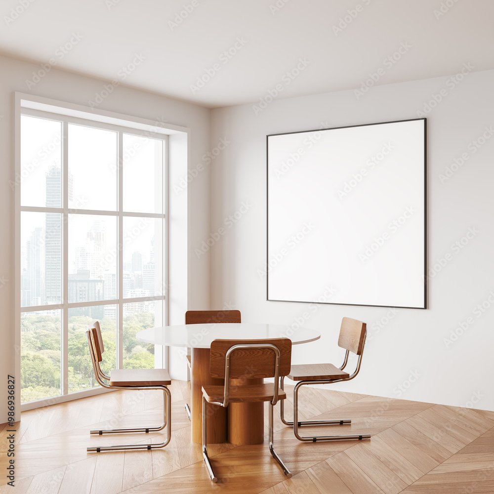 Aufkleber modern interior with empty poster frame on wall and round table with chairs. 3d rendering
