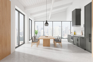 Luxury home kitchen interior with eating table and cabinet, panoramic window