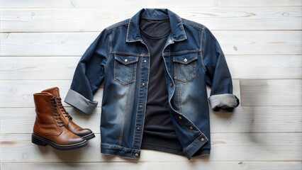 A folded blank T-shirt with a denim jacket and boots, providing a stylish, laid-back vibe for fashion branding.