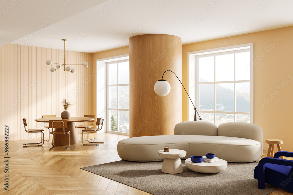 Sticker Modern living room interior with elegant furniture and large windows. 3D Rendering