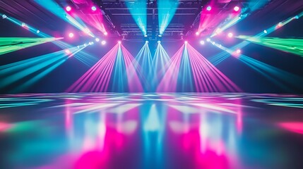 Obraz premium Stage lights create a vibrant, colorful, and dynamic atmosphere on a dark background, perfect for a concert, performance, or party.