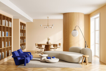 Modern living room with wooden elements and blue chairs. 3D Rendering