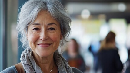 Grey-haired woman with a gentle smile, volunteering at a community center and engaging with people of all ages.