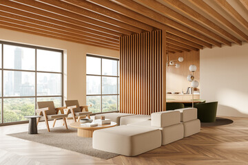 Stylish home living room interior with relaxing and eating zone, window