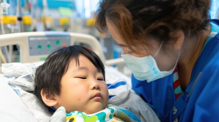 Obraz premium Asian Pediatric Hospital Staff Caring for Young Patients in Medical Setting