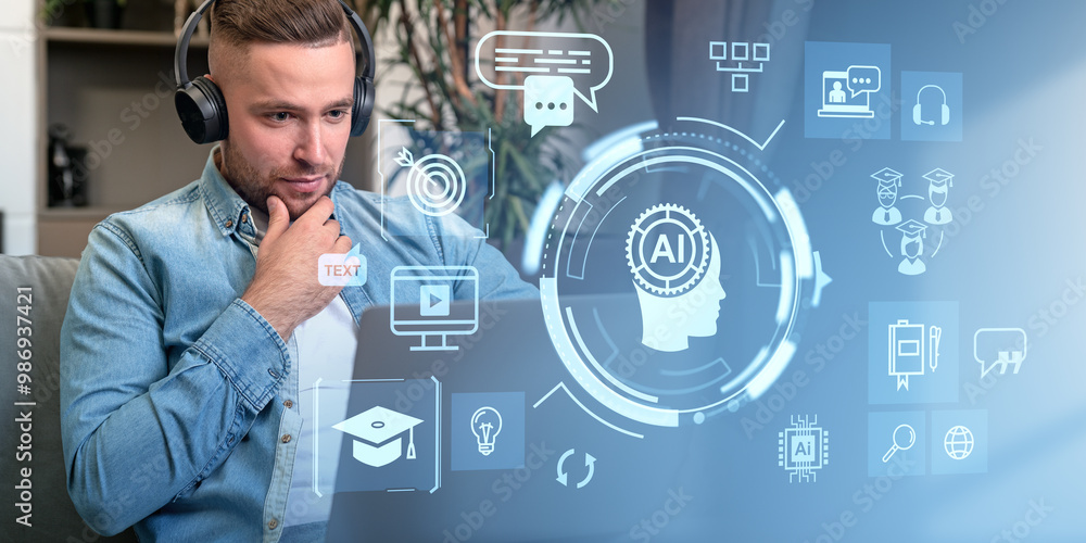 Poster man studying with ai digital elements on screen in background.