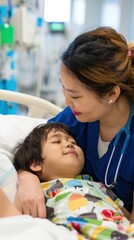 Obraz premium Asian Pediatric Hospital Staff Caring for Young Patients in Medical Setting