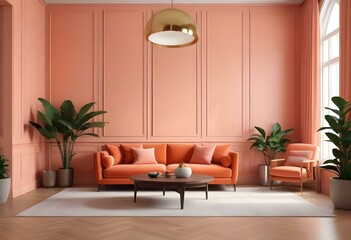A modern living room with a large orange sofa, a round metallic lamp, and a minimalist wooden coffee table.